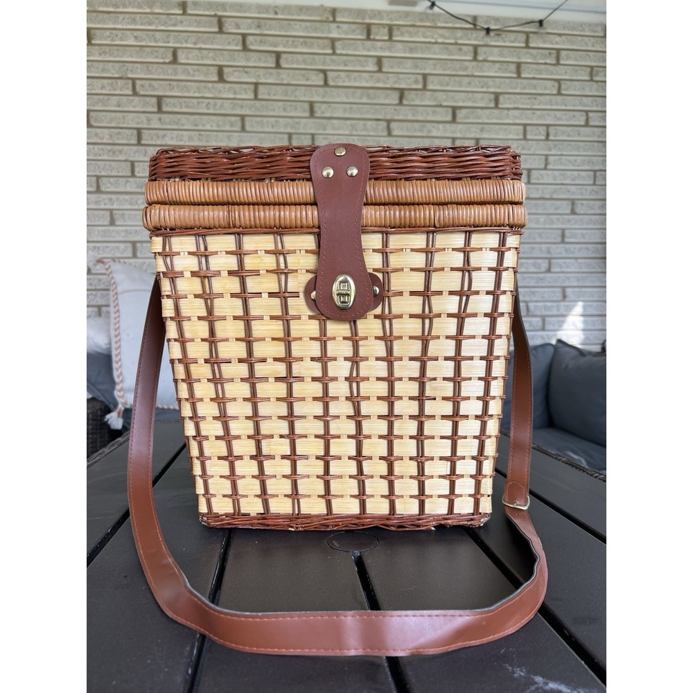 Vintage 1960 Wicker Picnic Basket & Strap- Cups Plates Flatware Cutting Board